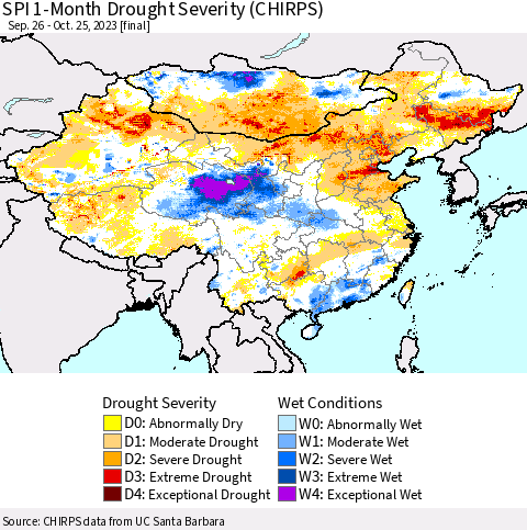 China, Mongolia and Taiwan SPI 1-Month Drought Severity (CHIRPS) Thematic Map For 9/26/2023 - 10/25/2023