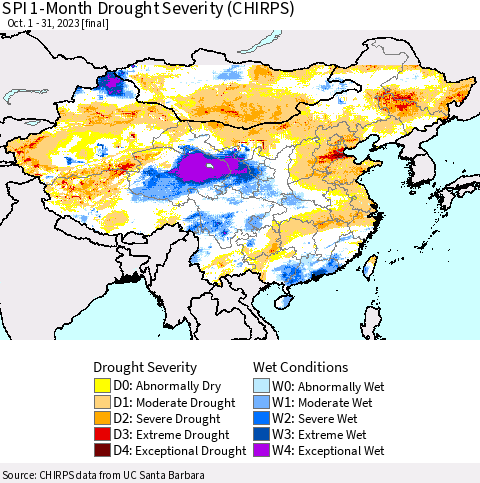 China, Mongolia and Taiwan SPI 1-Month Drought Severity (CHIRPS) Thematic Map For 10/1/2023 - 10/31/2023