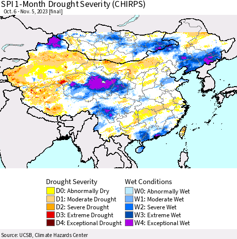 China, Mongolia and Taiwan SPI 1-Month Drought Severity (CHIRPS) Thematic Map For 10/6/2023 - 11/5/2023