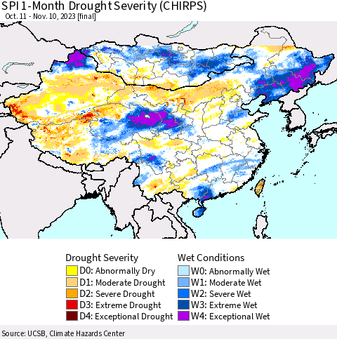 China, Mongolia and Taiwan SPI 1-Month Drought Severity (CHIRPS) Thematic Map For 10/11/2023 - 11/10/2023