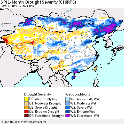 China, Mongolia and Taiwan SPI 1-Month Drought Severity (CHIRPS) Thematic Map For 10/16/2023 - 11/15/2023