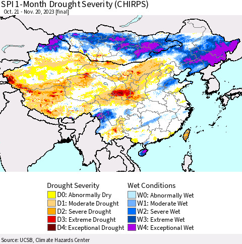 China, Mongolia and Taiwan SPI 1-Month Drought Severity (CHIRPS) Thematic Map For 10/21/2023 - 11/20/2023