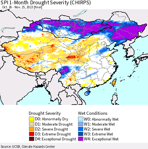 China, Mongolia and Taiwan SPI 1-Month Drought Severity (CHIRPS) Thematic Map For 10/26/2023 - 11/25/2023