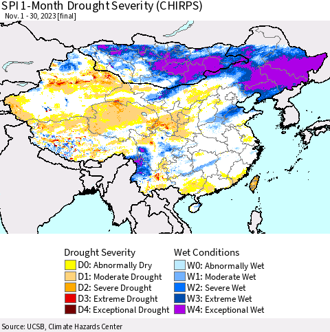 China, Mongolia and Taiwan SPI 1-Month Drought Severity (CHIRPS) Thematic Map For 11/1/2023 - 11/30/2023