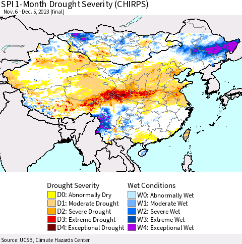 China, Mongolia and Taiwan SPI 1-Month Drought Severity (CHIRPS) Thematic Map For 11/6/2023 - 12/5/2023