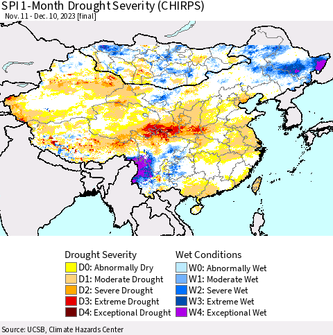 China, Mongolia and Taiwan SPI 1-Month Drought Severity (CHIRPS) Thematic Map For 11/11/2023 - 12/10/2023