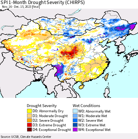 China, Mongolia and Taiwan SPI 1-Month Drought Severity (CHIRPS) Thematic Map For 11/16/2023 - 12/15/2023