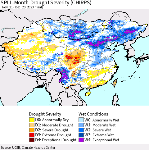 China, Mongolia and Taiwan SPI 1-Month Drought Severity (CHIRPS) Thematic Map For 11/21/2023 - 12/20/2023