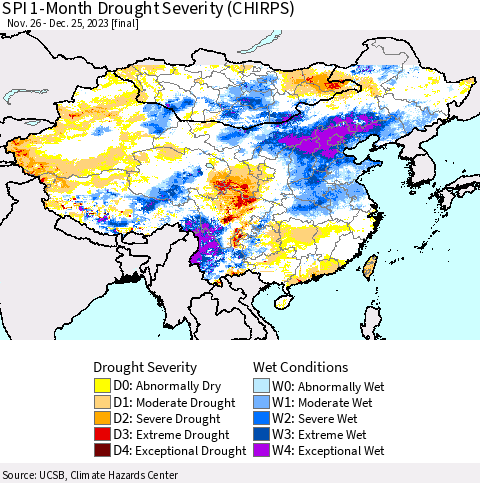 China, Mongolia and Taiwan SPI 1-Month Drought Severity (CHIRPS) Thematic Map For 11/26/2023 - 12/25/2023
