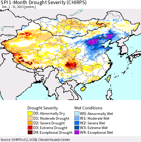 China, Mongolia and Taiwan SPI 1-Month Drought Severity (CHIRPS) Thematic Map For 12/1/2023 - 12/31/2023