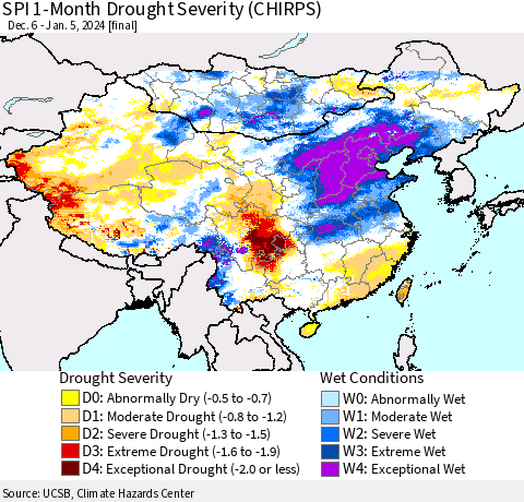 China, Mongolia and Taiwan SPI 1-Month Drought Severity (CHIRPS) Thematic Map For 12/6/2023 - 1/5/2024