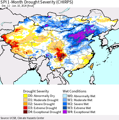 China, Mongolia and Taiwan SPI 1-Month Drought Severity (CHIRPS) Thematic Map For 12/11/2023 - 1/10/2024