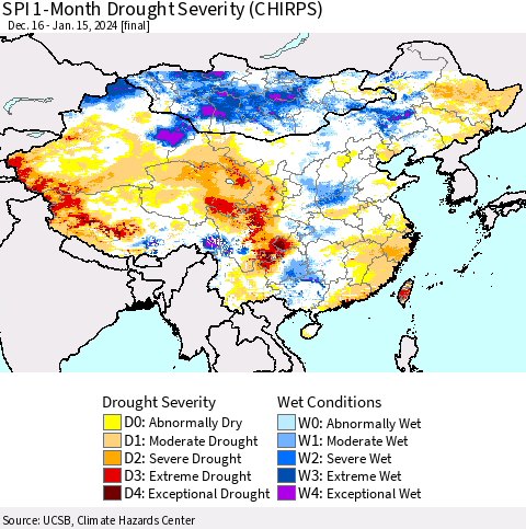 China, Mongolia and Taiwan SPI 1-Month Drought Severity (CHIRPS) Thematic Map For 12/16/2023 - 1/15/2024