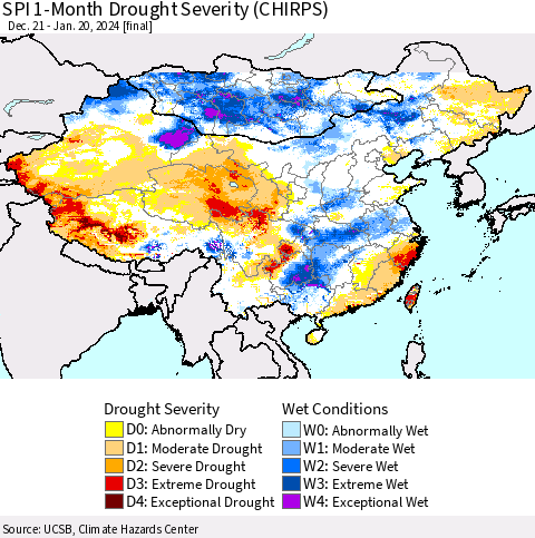 China, Mongolia and Taiwan SPI 1-Month Drought Severity (CHIRPS) Thematic Map For 12/21/2023 - 1/20/2024