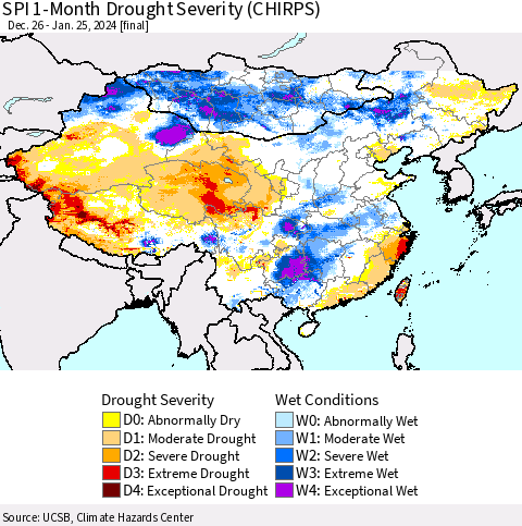 China, Mongolia and Taiwan SPI 1-Month Drought Severity (CHIRPS) Thematic Map For 12/26/2023 - 1/25/2024