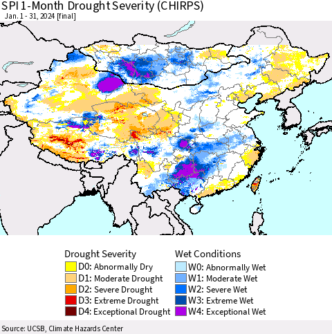 China, Mongolia and Taiwan SPI 1-Month Drought Severity (CHIRPS) Thematic Map For 1/1/2024 - 1/31/2024