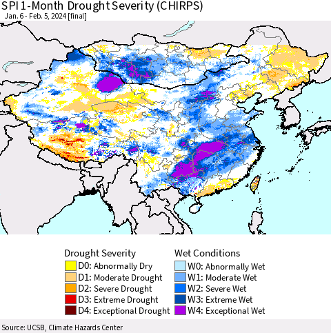 China, Mongolia and Taiwan SPI 1-Month Drought Severity (CHIRPS) Thematic Map For 1/6/2024 - 2/5/2024