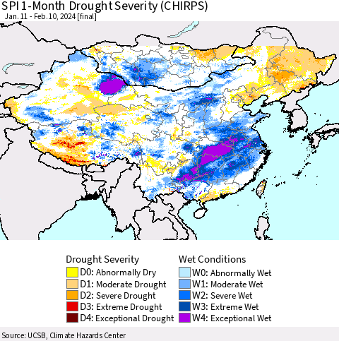 China, Mongolia and Taiwan SPI 1-Month Drought Severity (CHIRPS) Thematic Map For 1/11/2024 - 2/10/2024