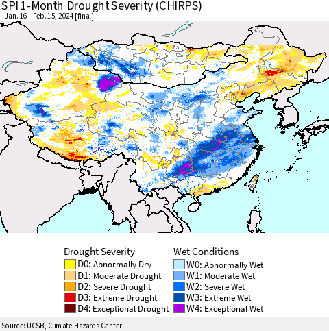 China, Mongolia and Taiwan SPI 1-Month Drought Severity (CHIRPS) Thematic Map For 1/16/2024 - 2/15/2024