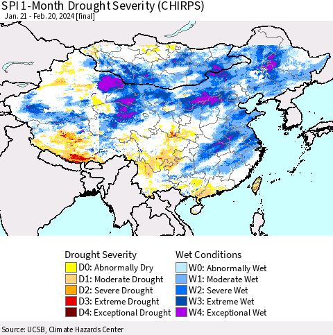 China, Mongolia and Taiwan SPI 1-Month Drought Severity (CHIRPS) Thematic Map For 1/21/2024 - 2/20/2024