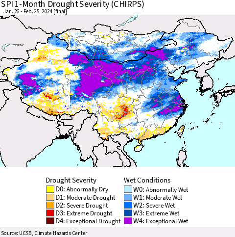 China, Mongolia and Taiwan SPI 1-Month Drought Severity (CHIRPS) Thematic Map For 1/26/2024 - 2/25/2024
