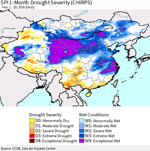 China, Mongolia and Taiwan SPI 1-Month Drought Severity (CHIRPS) Thematic Map For 2/1/2024 - 2/29/2024