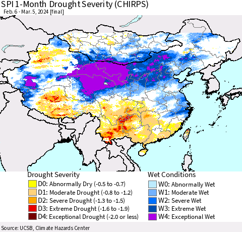 China, Mongolia and Taiwan SPI 1-Month Drought Severity (CHIRPS) Thematic Map For 2/6/2024 - 3/5/2024
