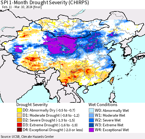 China, Mongolia and Taiwan SPI 1-Month Drought Severity (CHIRPS) Thematic Map For 2/11/2024 - 3/10/2024