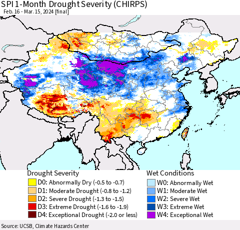 China, Mongolia and Taiwan SPI 1-Month Drought Severity (CHIRPS) Thematic Map For 2/16/2024 - 3/15/2024