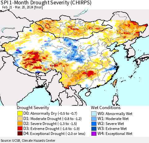 China, Mongolia and Taiwan SPI 1-Month Drought Severity (CHIRPS) Thematic Map For 2/21/2024 - 3/20/2024