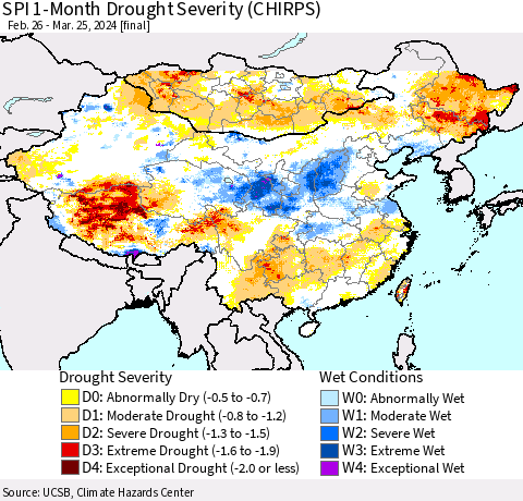 China, Mongolia and Taiwan SPI 1-Month Drought Severity (CHIRPS) Thematic Map For 2/26/2024 - 3/25/2024