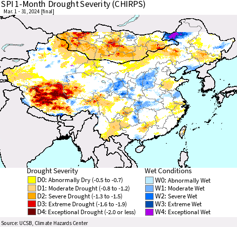 China, Mongolia and Taiwan SPI 1-Month Drought Severity (CHIRPS) Thematic Map For 3/1/2024 - 3/31/2024