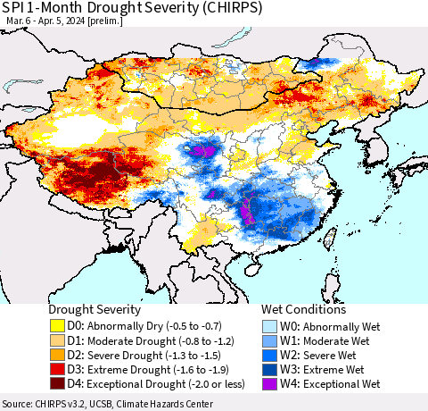 China, Mongolia and Taiwan SPI 1-Month Drought Severity (CHIRPS) Thematic Map For 3/6/2024 - 4/5/2024