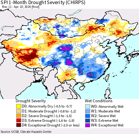 China, Mongolia and Taiwan SPI 1-Month Drought Severity (CHIRPS) Thematic Map For 3/11/2024 - 4/10/2024