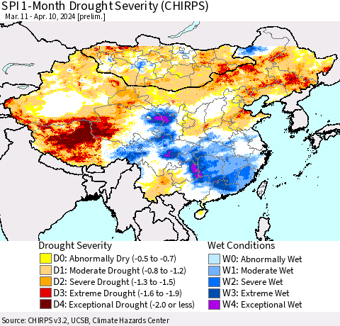 China, Mongolia and Taiwan SPI 1-Month Drought Severity (CHIRPS) Thematic Map For 3/11/2024 - 4/10/2024