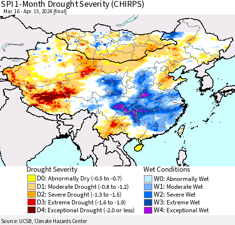 China, Mongolia and Taiwan SPI 1-Month Drought Severity (CHIRPS) Thematic Map For 3/16/2024 - 4/15/2024