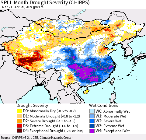 China, Mongolia and Taiwan SPI 1-Month Drought Severity (CHIRPS) Thematic Map For 3/21/2024 - 4/20/2024