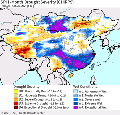China, Mongolia and Taiwan SPI 1-Month Drought Severity (CHIRPS) Thematic Map For 3/26/2024 - 4/25/2024