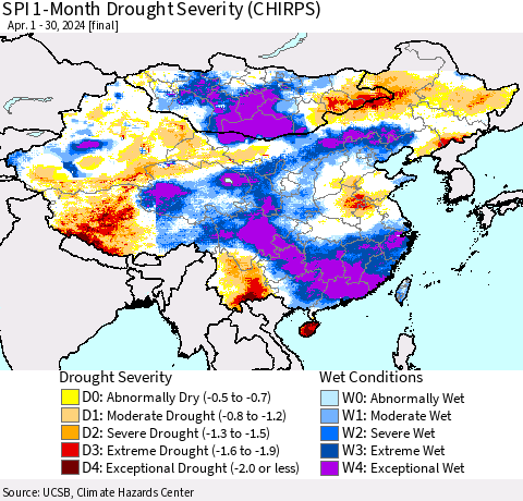 China, Mongolia and Taiwan SPI 1-Month Drought Severity (CHIRPS) Thematic Map For 4/1/2024 - 4/30/2024