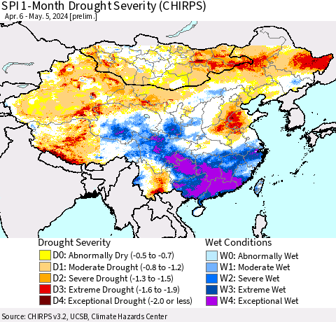 China, Mongolia and Taiwan SPI 1-Month Drought Severity (CHIRPS) Thematic Map For 4/6/2024 - 5/5/2024