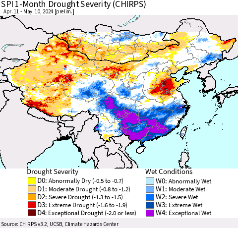 China, Mongolia and Taiwan SPI 1-Month Drought Severity (CHIRPS) Thematic Map For 4/11/2024 - 5/10/2024