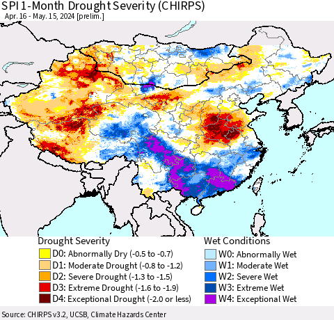 China, Mongolia and Taiwan SPI 1-Month Drought Severity (CHIRPS) Thematic Map For 4/16/2024 - 5/15/2024