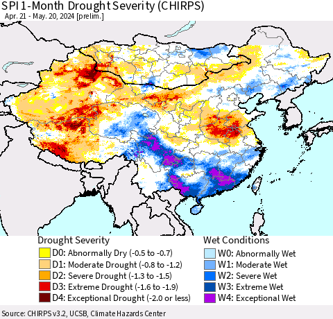 China, Mongolia and Taiwan SPI 1-Month Drought Severity (CHIRPS) Thematic Map For 4/21/2024 - 5/20/2024