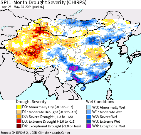 China, Mongolia and Taiwan SPI 1-Month Drought Severity (CHIRPS) Thematic Map For 4/26/2024 - 5/25/2024