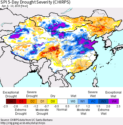 China and Taiwan SPI 5-Day Drought Severity (CHIRPS) Thematic Map For 4/6/2019 - 4/10/2019