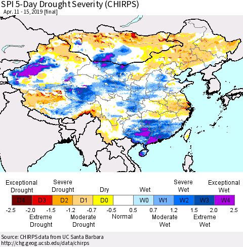 China and Taiwan SPI 5-Day Drought Severity (CHIRPS) Thematic Map For 4/11/2019 - 4/15/2019