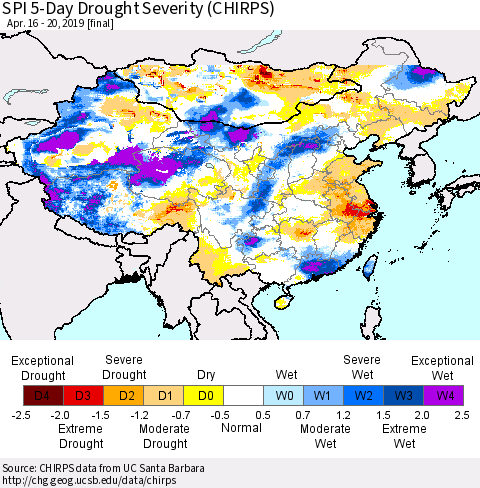 China, Mongolia and Taiwan SPI 5-Day Drought Severity (CHIRPS) Thematic Map For 4/16/2019 - 4/20/2019