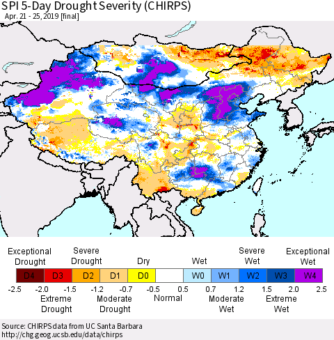 China and Taiwan SPI 5-Day Drought Severity (CHIRPS) Thematic Map For 4/21/2019 - 4/25/2019