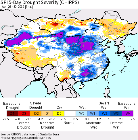 China and Taiwan SPI 5-Day Drought Severity (CHIRPS) Thematic Map For 4/26/2019 - 4/30/2019