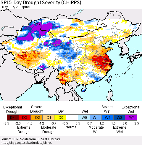 China and Taiwan SPI 5-Day Drought Severity (CHIRPS) Thematic Map For 5/1/2019 - 5/5/2019